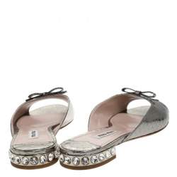Miu Miu Silver Python Embossed Leather Crystal Embellished Slide Sandals Size 36.5