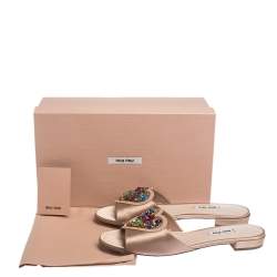 Miu Miu Beige Satin And PVC Crystal Embellished Flat Slides Size 40