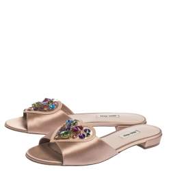 Miu Miu Beige Satin And PVC Crystal Embellished Flat Slides Size 40