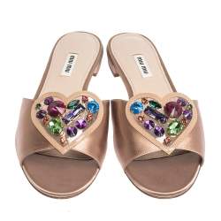 Miu Miu Beige Satin And PVC Crystal Embellished Flat Slides Size 40