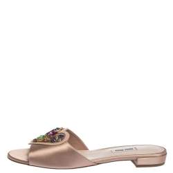 Miu Miu Beige Satin And PVC Crystal Embellished Flat Slides Size 40