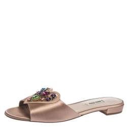 Miu Miu Beige Satin And PVC Crystal Embellished Flat Slides Size 40