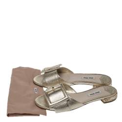 Miu Miu Metallic Gold Leather Buckle And Jeweled Heel Slide Flats Size 37
