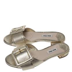 Miu Miu Metallic Gold Leather Buckle And Jeweled Heel Slide Flats Size 37