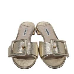 Miu Miu Metallic Gold Leather Buckle And Jeweled Heel Slide Flats Size 37
