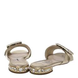 Miu Miu Metallic Gold Leather Buckle And Jeweled Heel Slide Flats Size 37