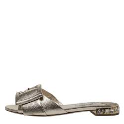 Miu Miu Metallic Gold Leather Buckle And Jeweled Heel Slide Flats Size 37