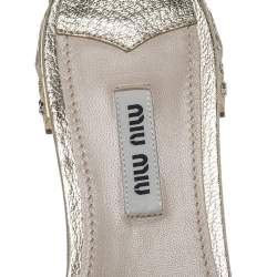 Miu Miu Metallic Gold Leather Buckle And Jeweled Heel Slide Flats Size 37