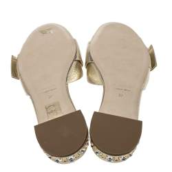 Miu Miu Metallic Gold Leather Buckle And Jeweled Heel Slide Flats Size 37