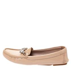 Pre Owned Miu Miu Beige Patent Leather Crystal Embellished Loafers Size 39