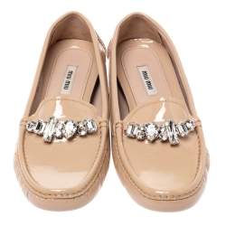 Pre Owned Miu Miu Beige Patent Leather Crystal Embellished Loafers Size 39