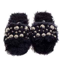 Pre Owned صندل سلايدميو ميو فرو صناعي أزرق داكن ايكو شيرلينج مقاس 36.5