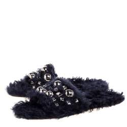 Pre Owned صندل سلايدميو ميو فرو صناعي أزرق داكن ايكو شيرلينج مقاس 36.5