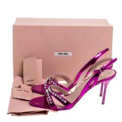 Pre Owned Miu Miu Purple Leather Crystal Embellished Slingback Sandals Size 40