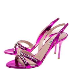 Pre Owned Miu Miu Purple Leather Crystal Embellished Slingback Sandals Size 40