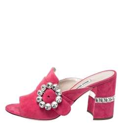 Pre Owned صندل ميو ميو سويدي وردي مزخرف كريسال كعب مربع سميك مقاس 37