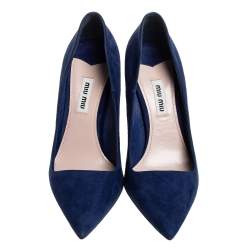 Pre Owned Miu Miu Navy Blue Suede Crystal Embellished Heel Pointed Toe Pumps Size 36