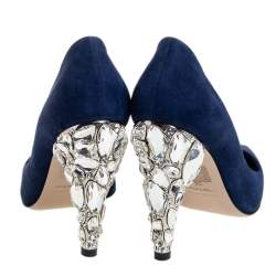 Pre Owned Miu Miu Navy Blue Suede Crystal Embellished Heel Pointed Toe Pumps Size 36