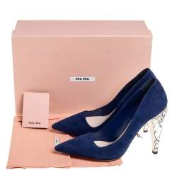 Pre Owned Miu Miu Navy Blue Suede Crystal Embellished Heel Pointed Toe Pumps Size 36