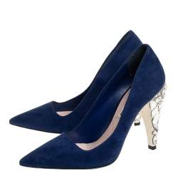 Pre Owned Miu Miu Navy Blue Suede Crystal Embellished Heel Pointed Toe Pumps Size 36