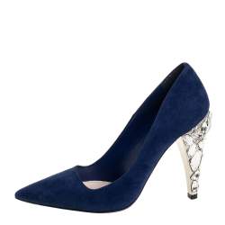 Pre Owned Miu Miu Navy Blue Suede Crystal Embellished Heel Pointed Toe Pumps Size 36