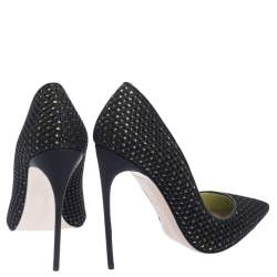 Pre Owned Miu Miu Black/Green Mesh And Fabric Pointed Toe Pumps Size 37.5