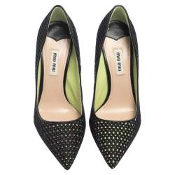 Pre Owned Miu Miu Black/Green Mesh And Fabric Pointed Toe Pumps Size 37.5