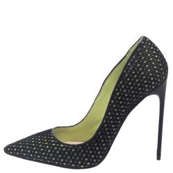 Pre Owned Miu Miu Black/Green Mesh And Fabric Pointed Toe Pumps Size 37.5