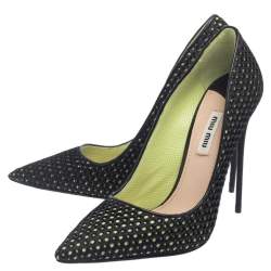 Pre Owned Miu Miu Black/Green Mesh And Fabric Pointed Toe Pumps Size 37.5