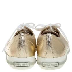 Pre Owned Miu Miu Metallic Gold Leather Crystal Embellished Low Top Sneakers Size 38.5