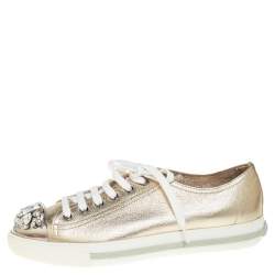 Pre Owned Miu Miu Metallic Gold Leather Crystal Embellished Low Top Sneakers Size 38.5
