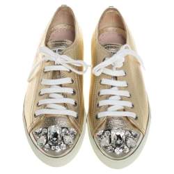 Pre Owned Miu Miu Metallic Gold Leather Crystal Embellished Low Top Sneakers Size 38.5