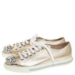 Pre Owned Miu Miu Metallic Gold Leather Crystal Embellished Low Top Sneakers Size 38.5