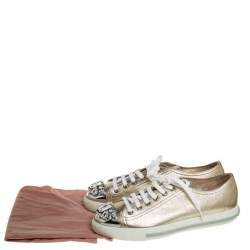 Pre Owned Miu Miu Metallic Gold Leather Crystal Embellished Low Top Sneakers Size 38.5