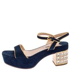 Miu Miu Blue Suede Crystal Embellished Heel Ankle Strap Platform Sandals Size 38