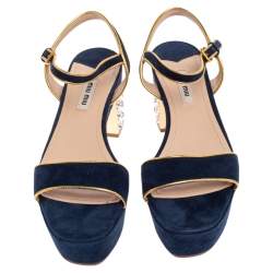 Miu Miu Blue Suede Crystal Embellished Heel Ankle Strap Platform Sandals Size 38