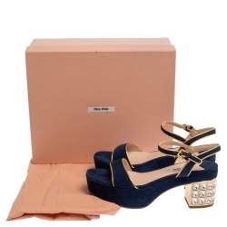 Miu Miu Blue Suede Crystal Embellished Heel Ankle Strap Platform Sandals Size 38