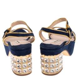 Miu Miu Blue Suede Crystal Embellished Heel Ankle Strap Platform Sandals Size 38