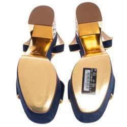 Miu Miu Blue Suede Crystal Embellished Heel Ankle Strap Platform Sandals Size 38