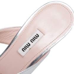 Miu Miu Silver Leather Crystal Embellished Slide Sandals Size 39
