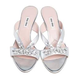 Miu Miu Silver Leather Crystal Embellished Slide Sandals Size 39