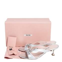 Miu Miu Silver Leather Crystal Embellished Slide Sandals Size 39