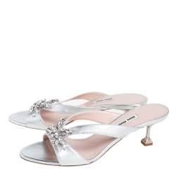 Miu Miu Silver Leather Crystal Embellished Slide Sandals Size 39