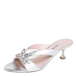 Miu Miu Silver Leather Crystal Embellished Slide Sandals Size 39