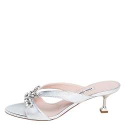 Miu Miu Silver Leather Crystal Embellished Slide Sandals Size 39