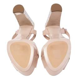 مملوكة مسبقًا صندل ميو ميو نعل سميك كعب مزخرف كريستال سير تي جلد لامع بيج مقاس 40