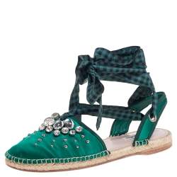 Pre Owned  Miu Miu Green Satin Crystals Ankle Wrap Espadrille Flats Size 40