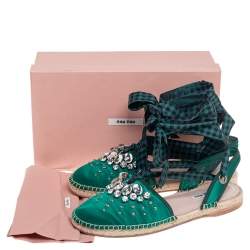 Pre Owned  Miu Miu Green Satin Crystals Ankle Wrap Espadrille Flats Size 40