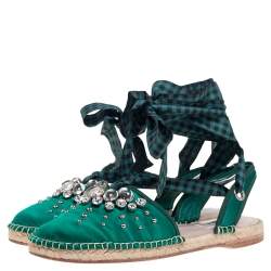Pre Owned  Miu Miu Green Satin Crystals Ankle Wrap Espadrille Flats Size 40