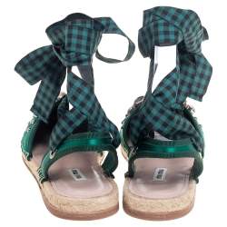 Pre Owned  Miu Miu Green Satin Crystals Ankle Wrap Espadrille Flats Size 40